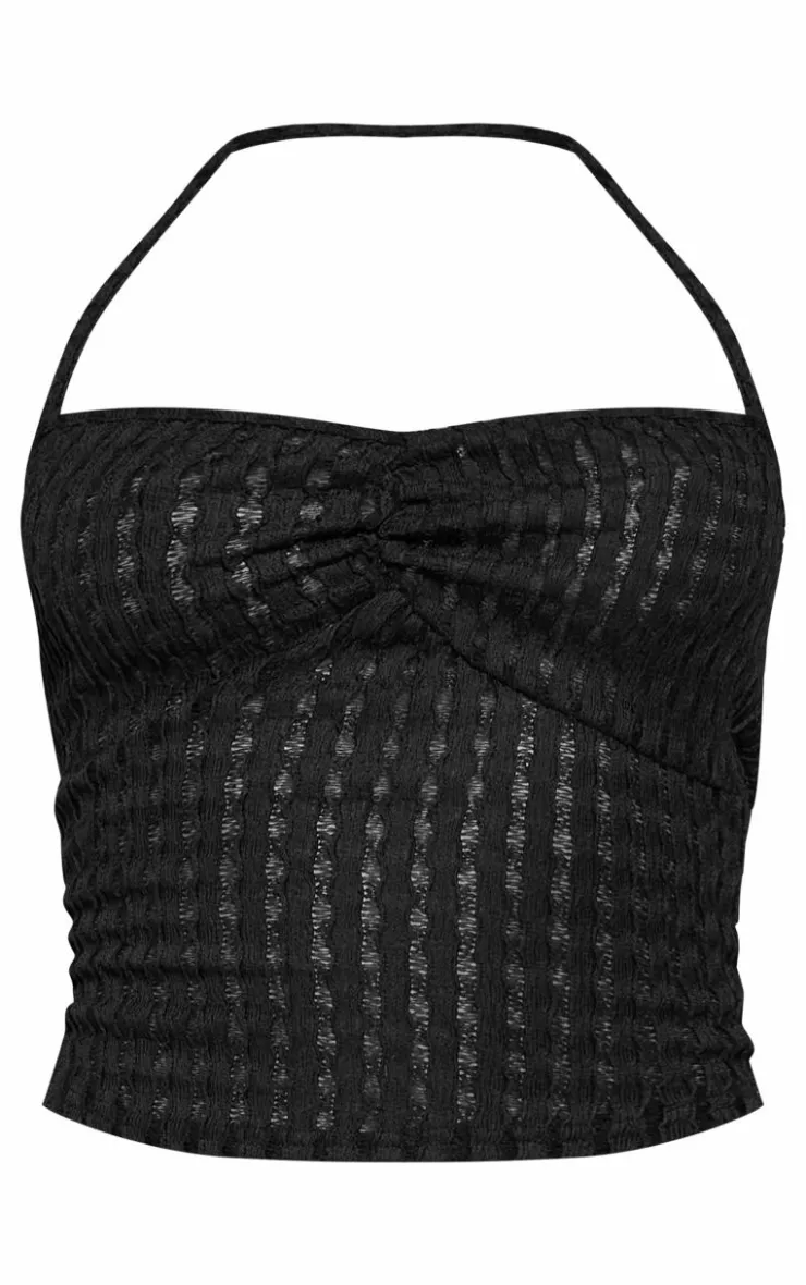 New PrettyLittleThing Textured Wrap Detail Halterneck Crop Top Black