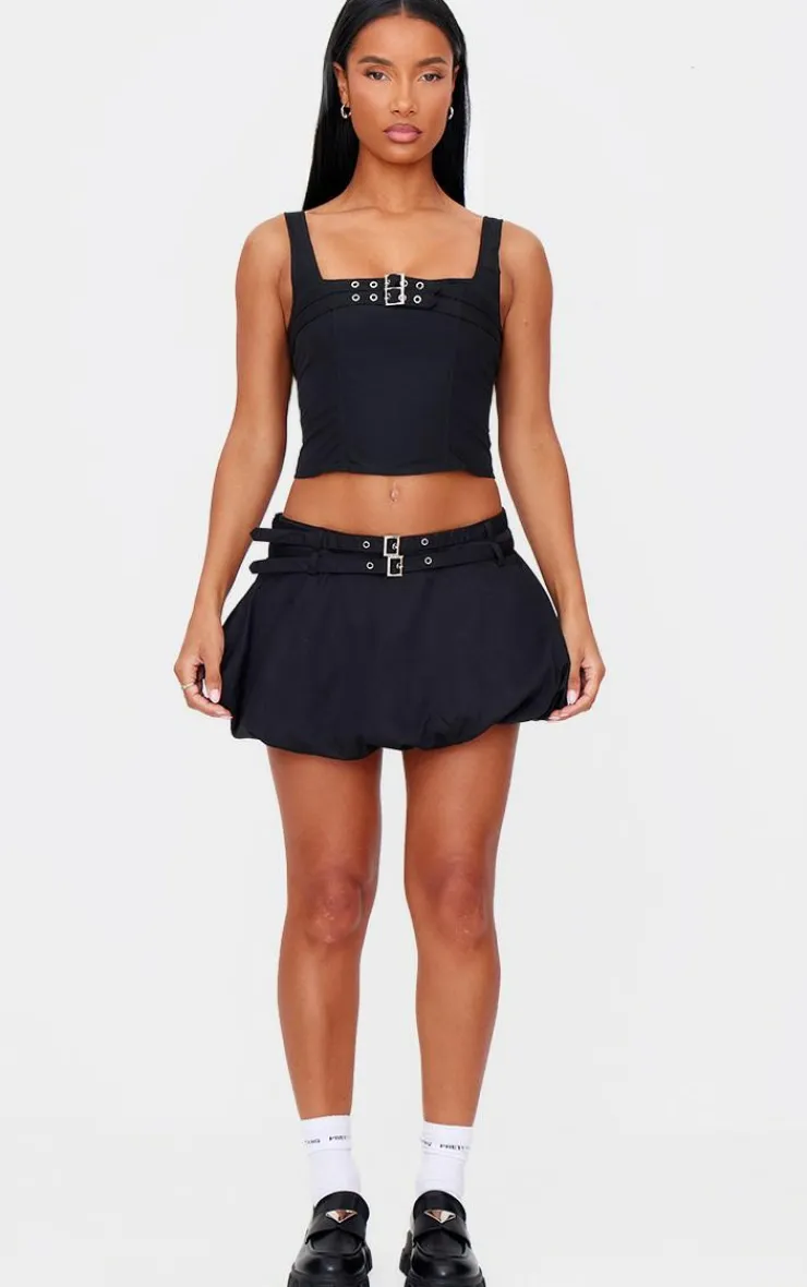 Clearance PrettyLittleThing Twill Buckle Puff Ball Skirt Black