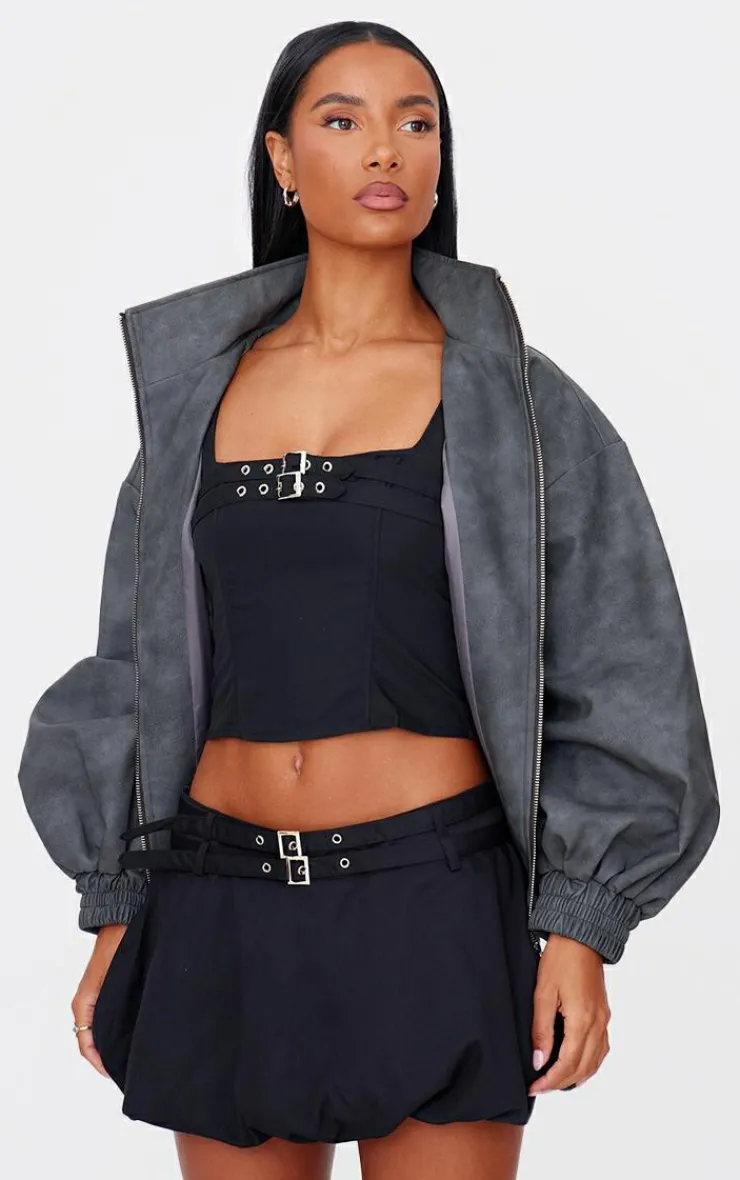 Clearance PrettyLittleThing Twill Buckle Puff Ball Skirt Black
