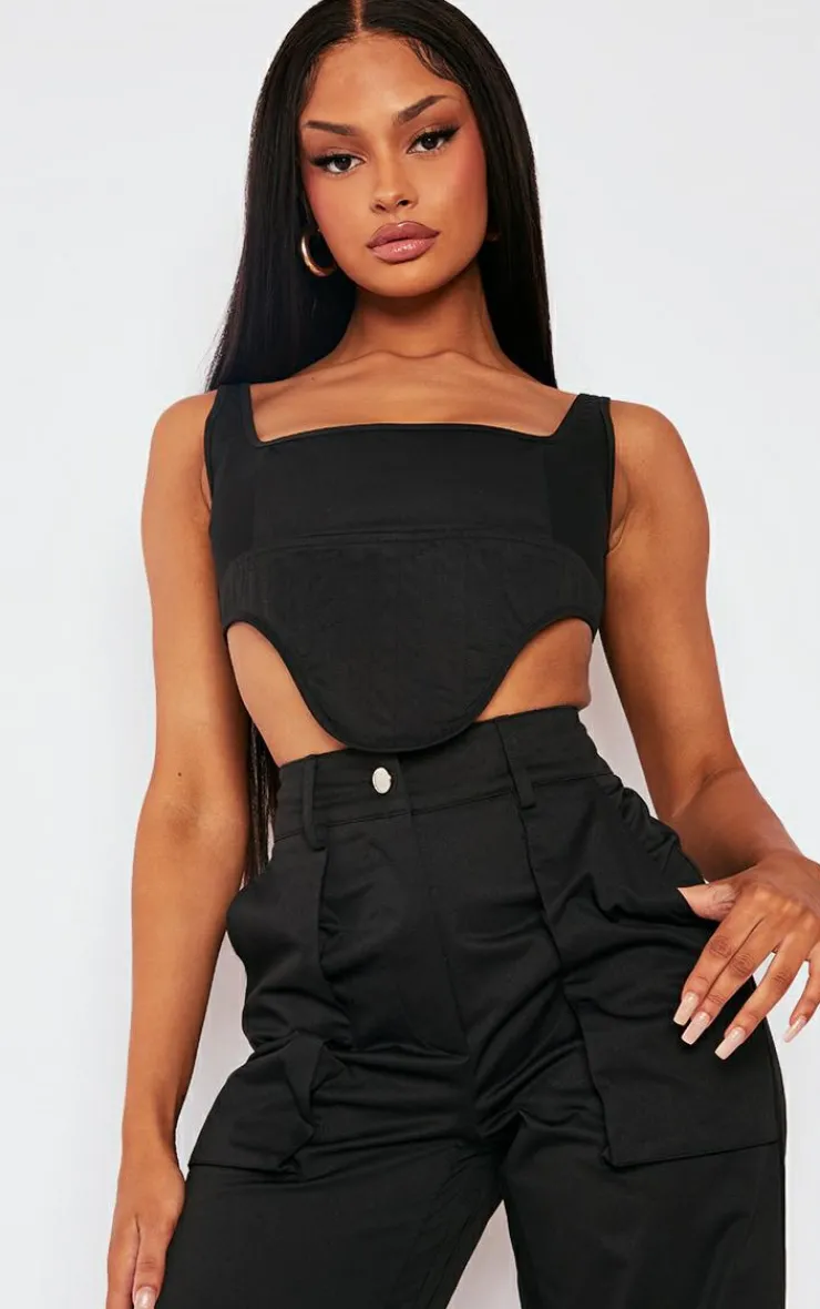 New PrettyLittleThing Twill Dip Hem Structured Cargo Corset Black