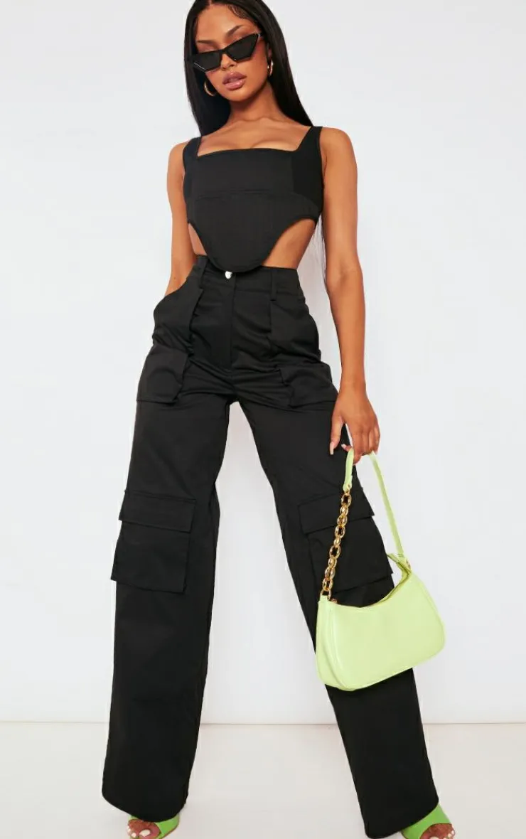 New PrettyLittleThing Twill Dip Hem Structured Cargo Corset Black