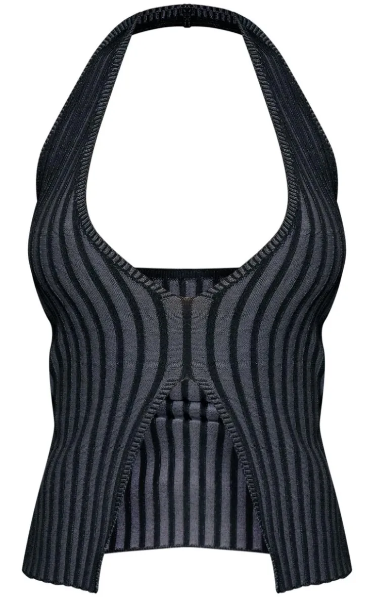 Hot PrettyLittleThing Two Tone Knit Halter Neck Split Top Black