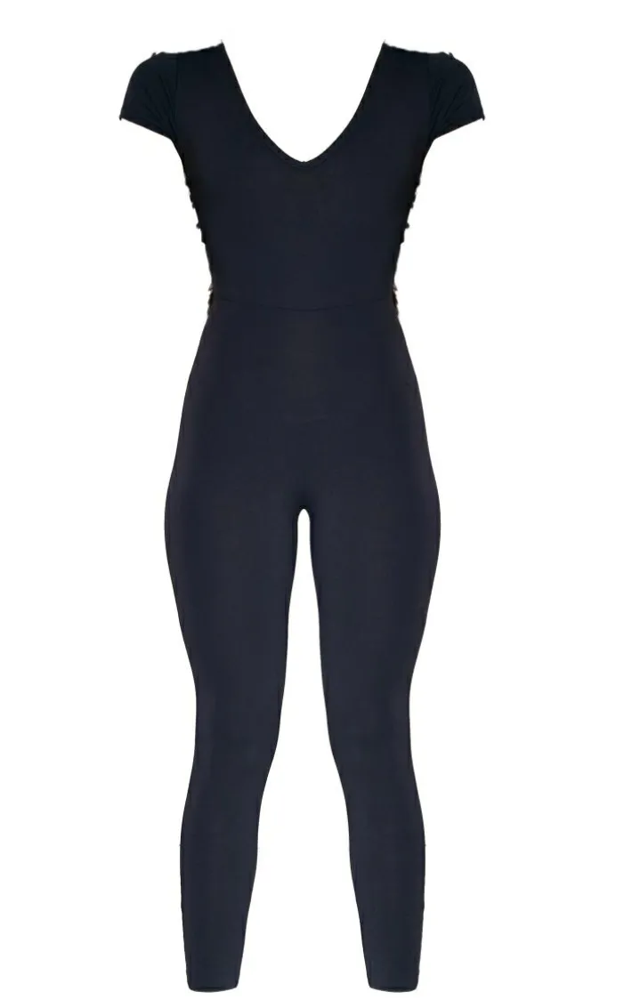 Black V Neck Short Sleeve Jersey Jumpsuit