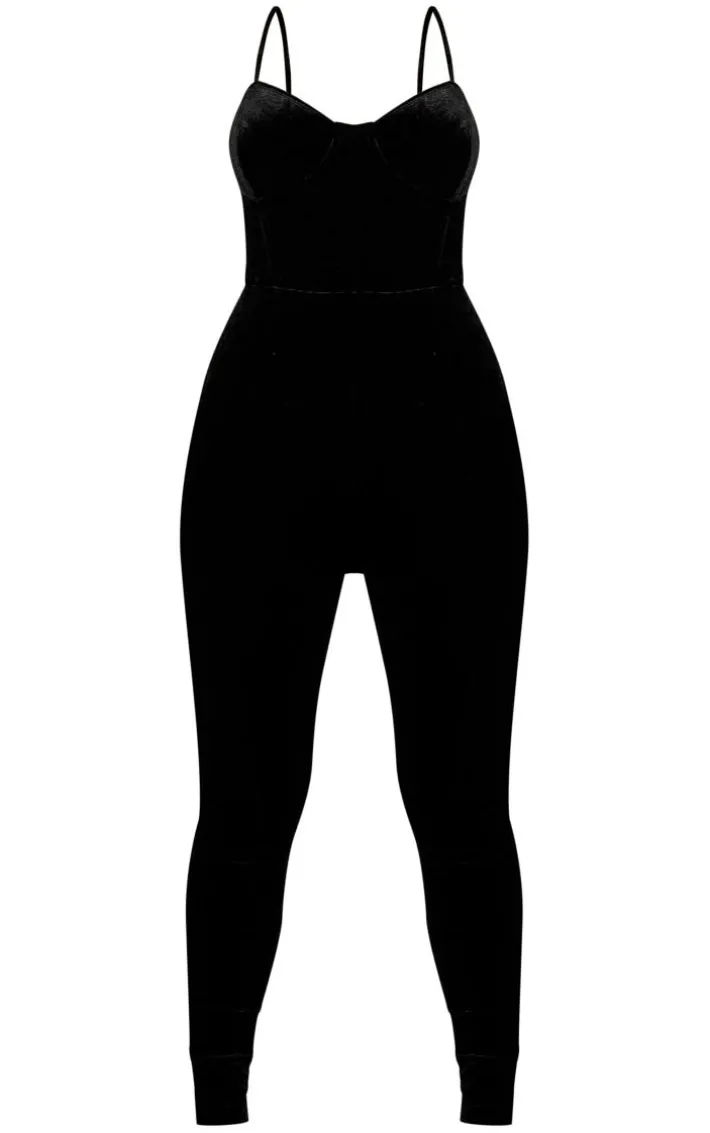 Black Velvet Cup Detail Strappy Jumpsuit