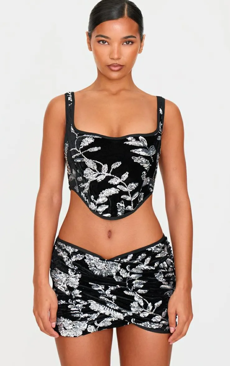 Outlet PrettyLittleThing Velvet Floral Sequin Embellished Ruched Micro Mini Skirt Black