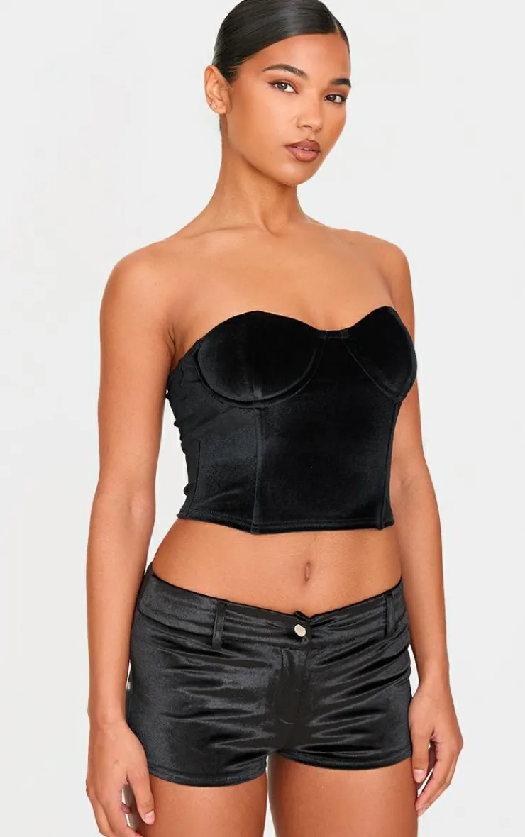 New PrettyLittleThing Velvet Micro Shorts Black