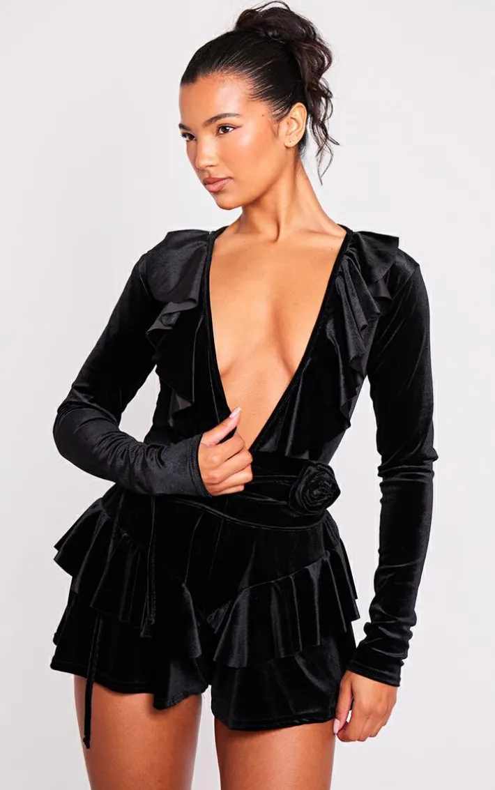 Black Velvet Plunge Frill Corsage Romper