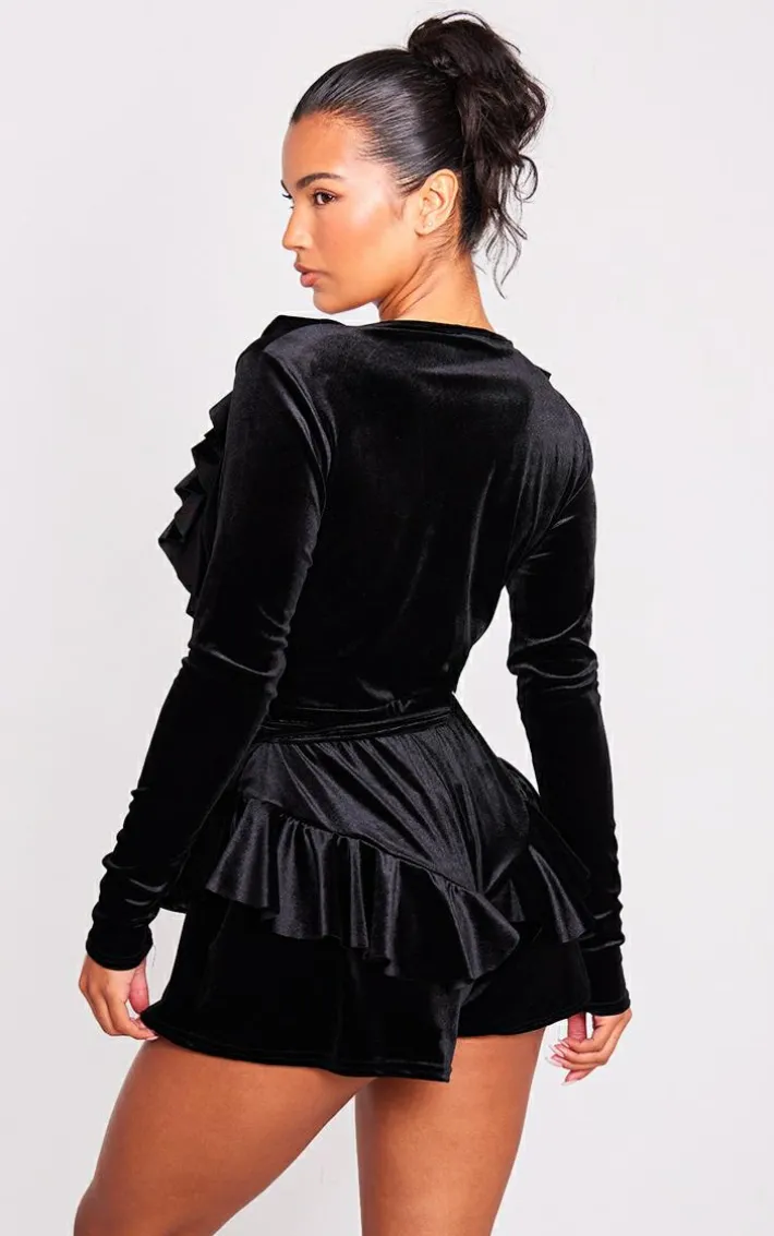 Black Velvet Plunge Frill Corsage Romper