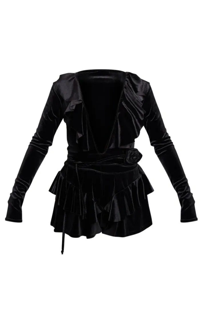 Black Velvet Plunge Frill Corsage Romper