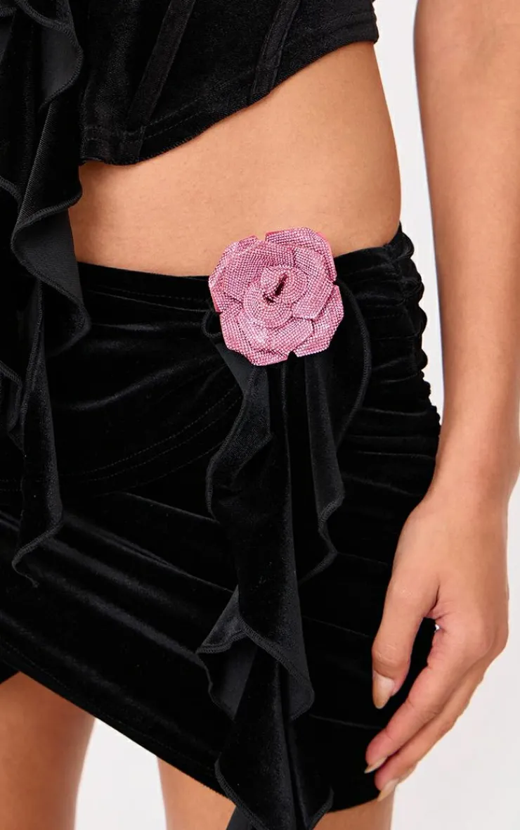 Clearance PrettyLittleThing Velvet Ruched Frill Detail Mini Skirt Black