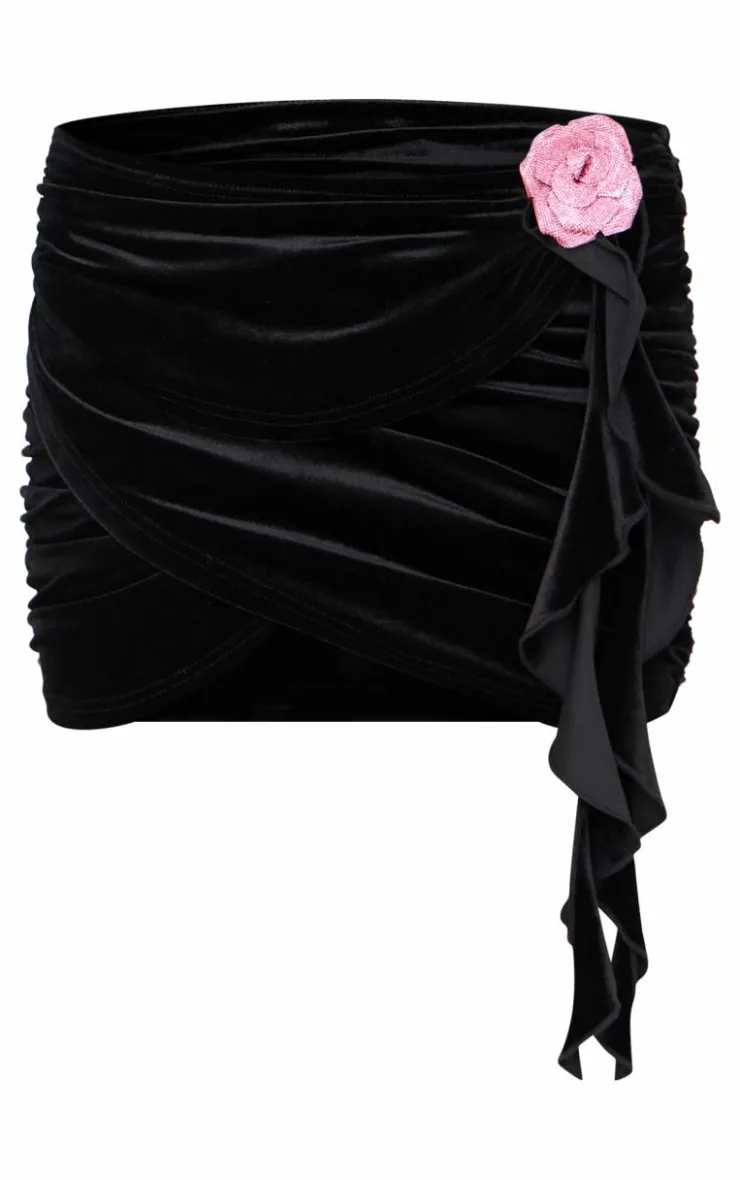 Clearance PrettyLittleThing Velvet Ruched Frill Detail Mini Skirt Black