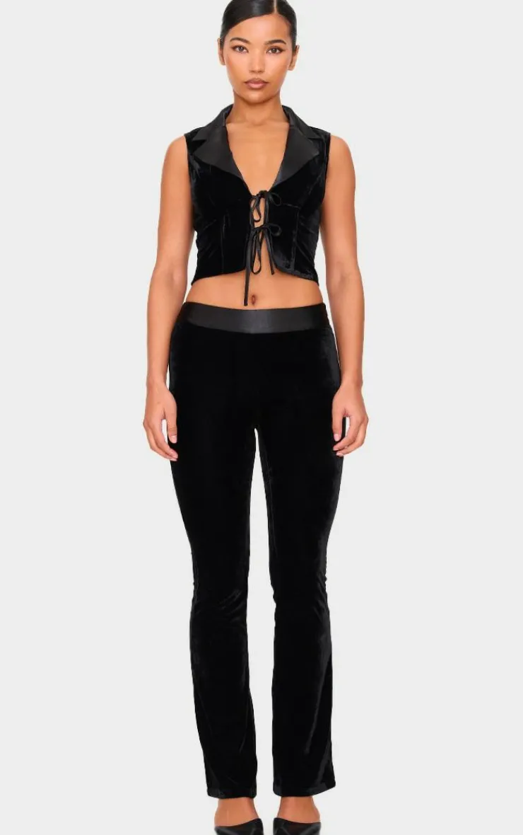 New PrettyLittleThing Velvet Satin Waistband Skinny Flare Pants Black