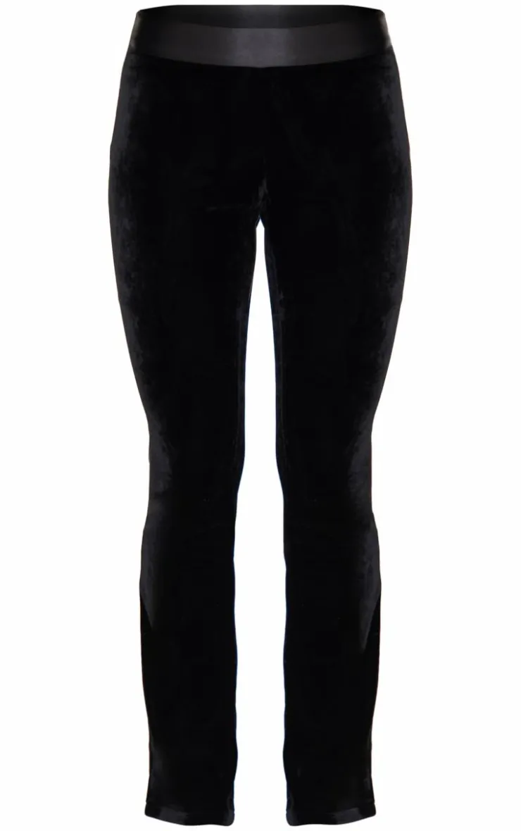 New PrettyLittleThing Velvet Satin Waistband Skinny Flare Pants Black
