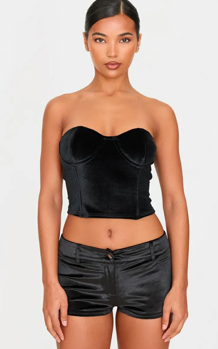Online PrettyLittleThing Velvet Seam Detail Corset Top Black