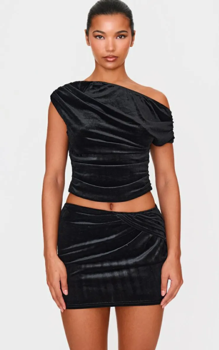 New PrettyLittleThing Velvet Wrap Detail Mini Skirt Black