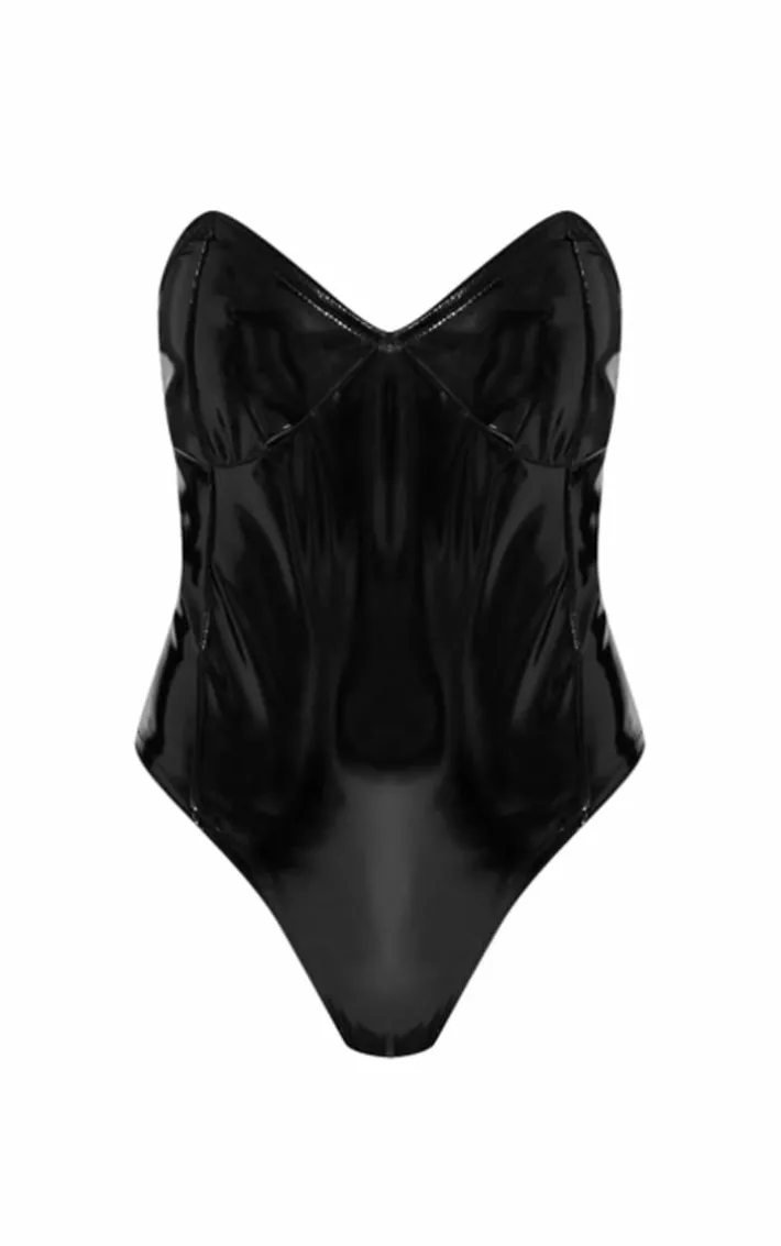 Black Vinyl Bandeau Sweet Heart Neck Bodysuit