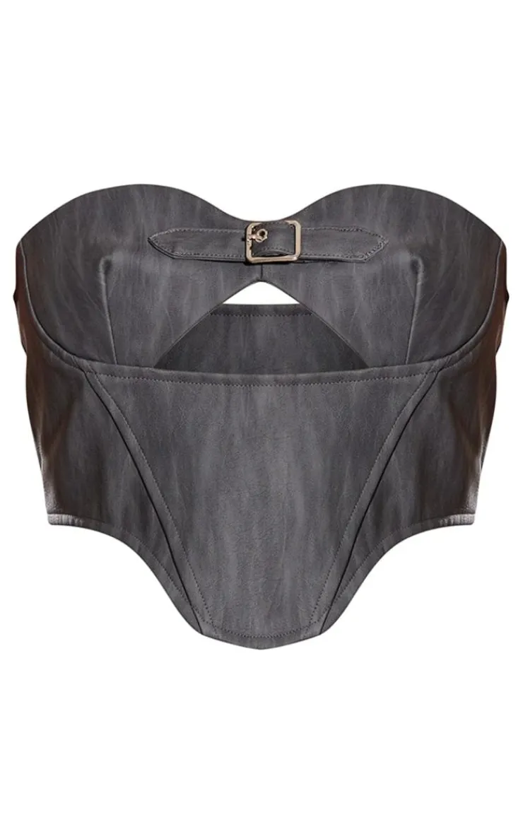 Clearance PrettyLittleThing Washed Faux Leather Buckle Detail Top Black