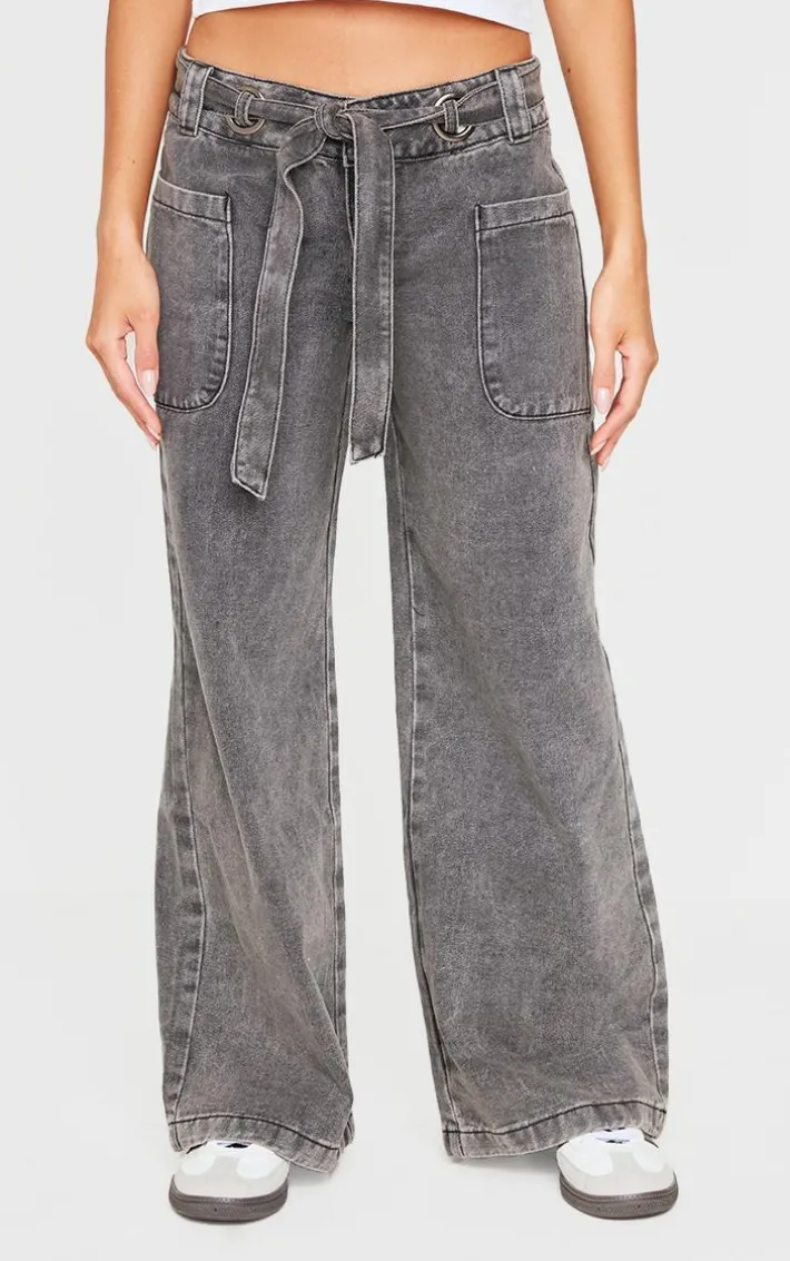 Black Washed Twill Tie Belt Detail Wide Leg Pants