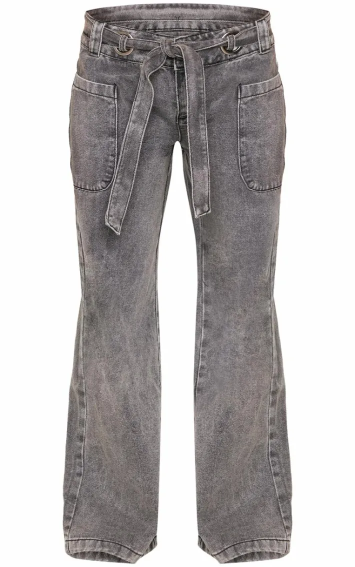 Black Washed Twill Tie Belt Detail Wide Leg Pants