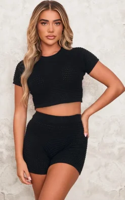 Discount PrettyLittleThing Wave Open Knit Booty Shorts Black