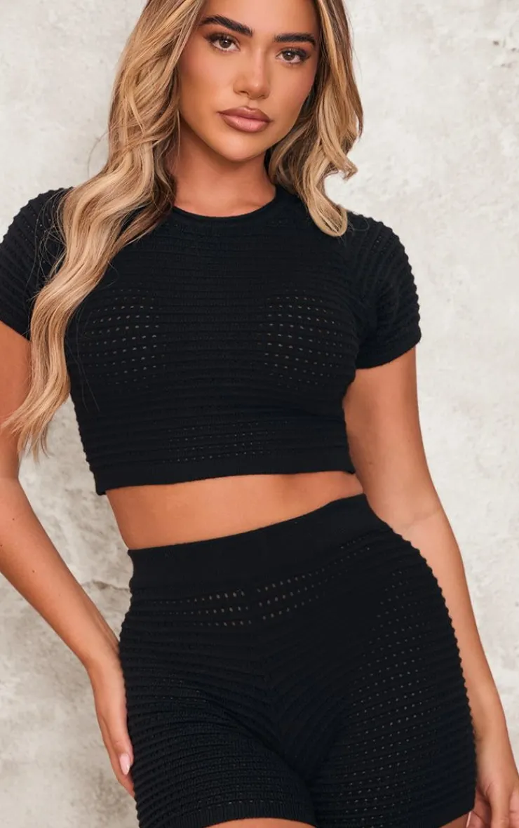 Discount PrettyLittleThing Wave Open Knit Booty Shorts Black