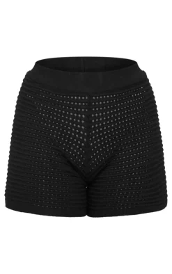Discount PrettyLittleThing Wave Open Knit Booty Shorts Black