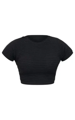 Online PrettyLittleThing Wave Open Knit Short Sleeve Top Black
