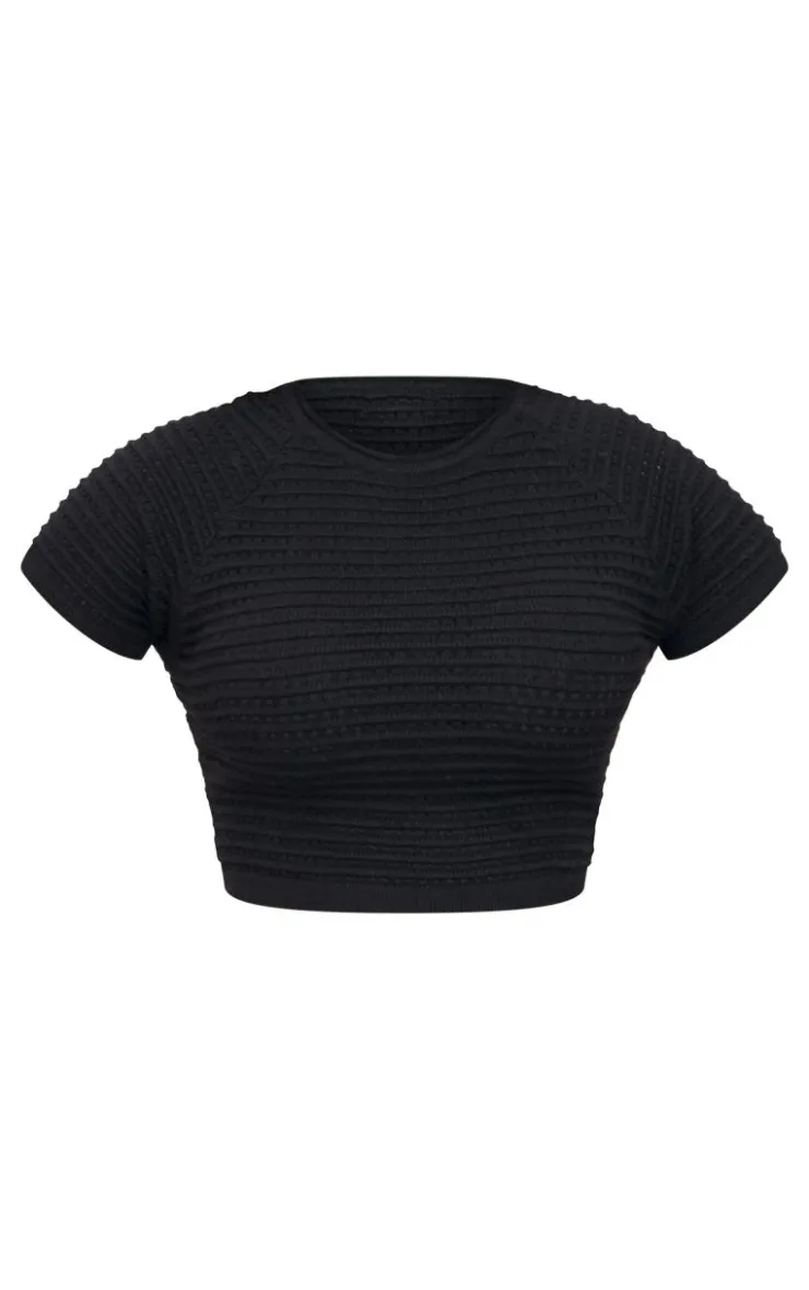 Online PrettyLittleThing Wave Open Knit Short Sleeve Top Black