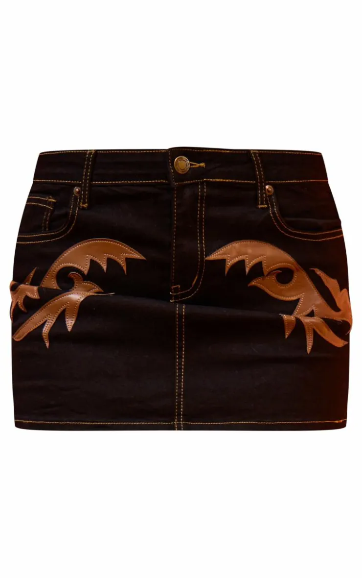 Hot PrettyLittleThing Western Patch Detail Denim Mini Skirt Black