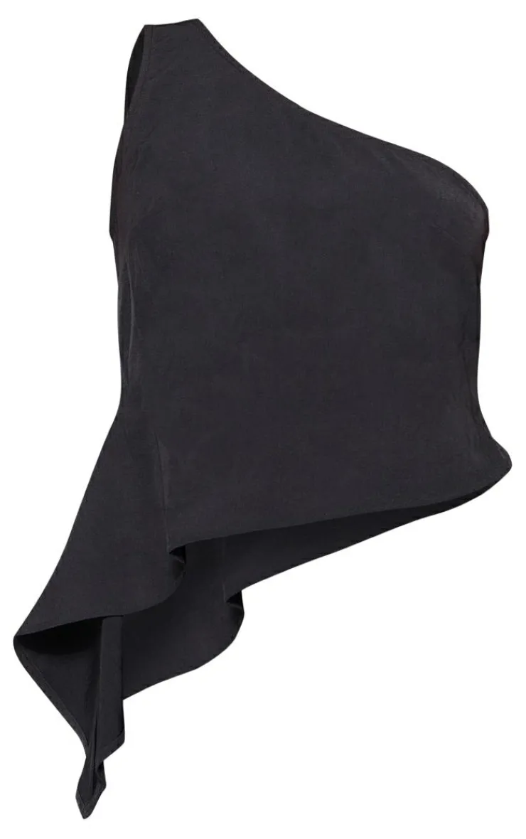 Online PrettyLittleThing Woven Asymmetric Frill Detail One Shoulder Top Black