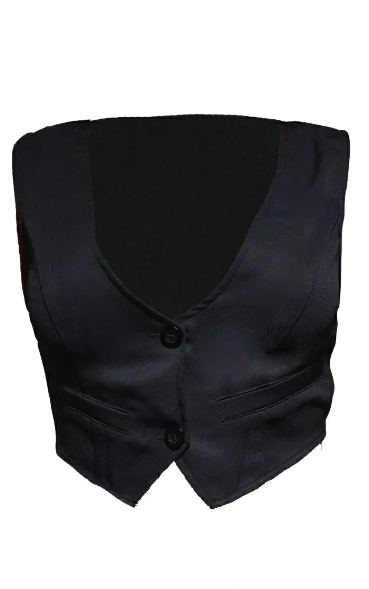 Discount PrettyLittleThing Woven Belted Back Detail Suit Vest Top Black