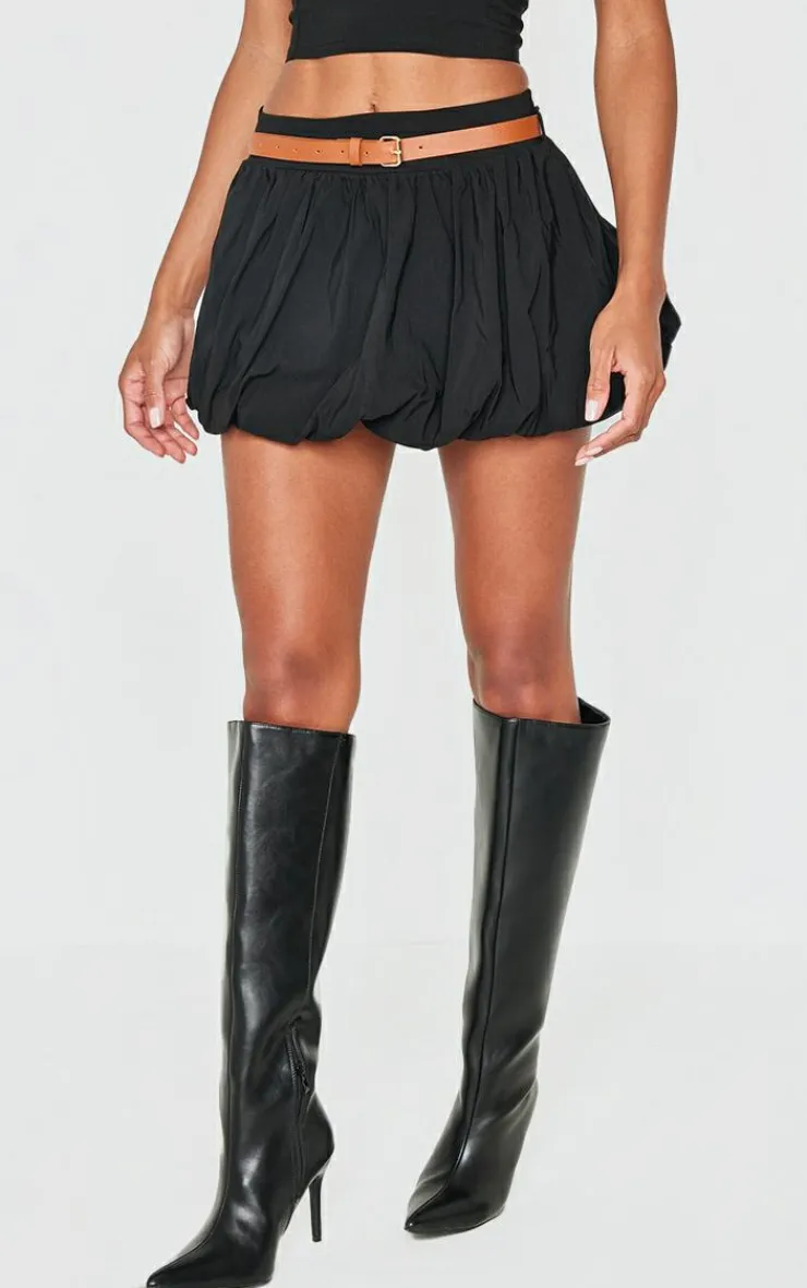Discount PrettyLittleThing Woven Belted Puff Ball Skirt Black