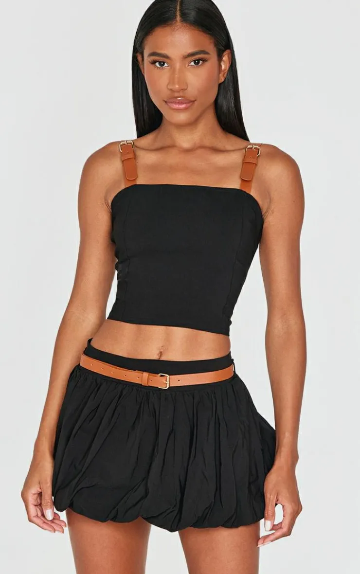 Discount PrettyLittleThing Woven Belted Puff Ball Skirt Black
