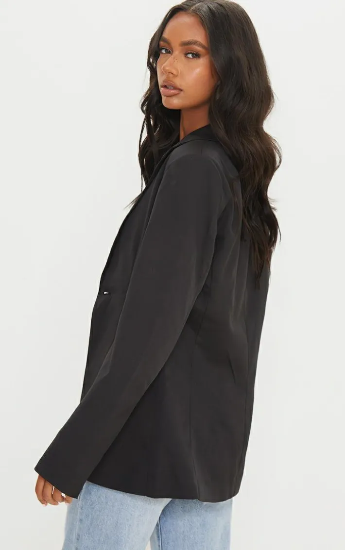 Black Woven Cinched Curve Hem Blazer