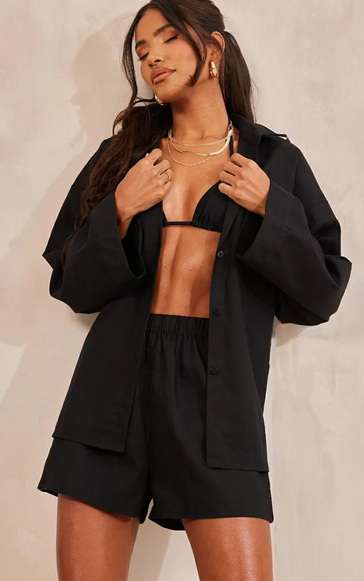 Discount PrettyLittleThing Woven Elastic Waist Floaty Shorts Black