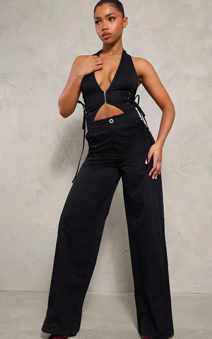 Black Woven Halter Zip Detail Lace Up Jumpsuit