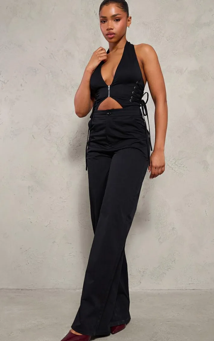 Black Woven Halter Zip Detail Lace Up Jumpsuit