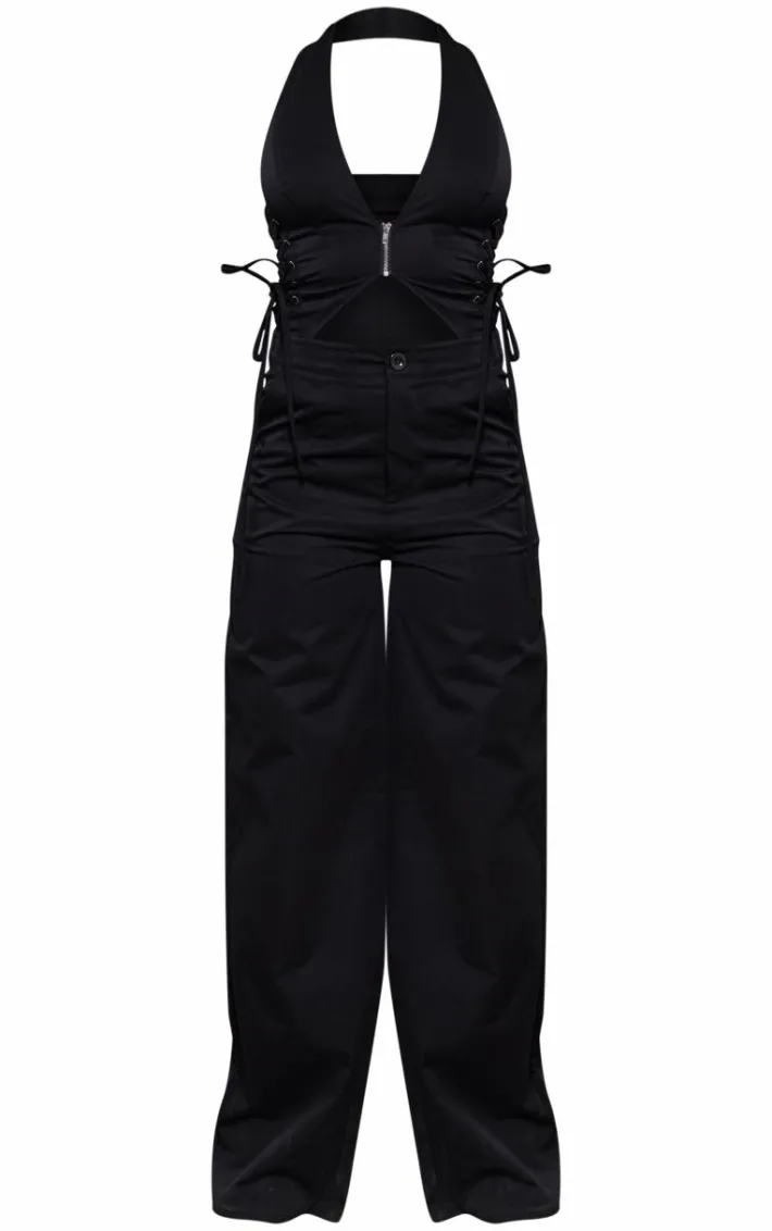 Black Woven Halter Zip Detail Lace Up Jumpsuit
