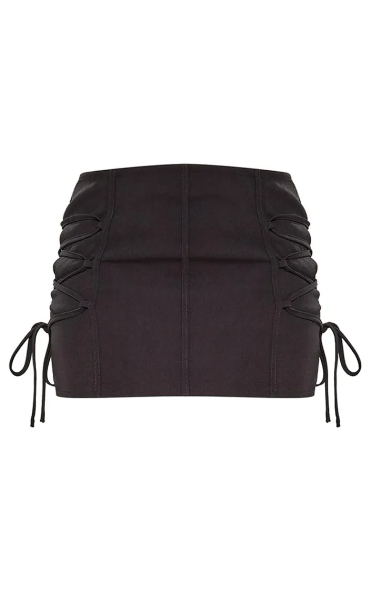 New PrettyLittleThing Woven Lace Up Side Strap Detail Low Rise Micro Mini Skirt Black