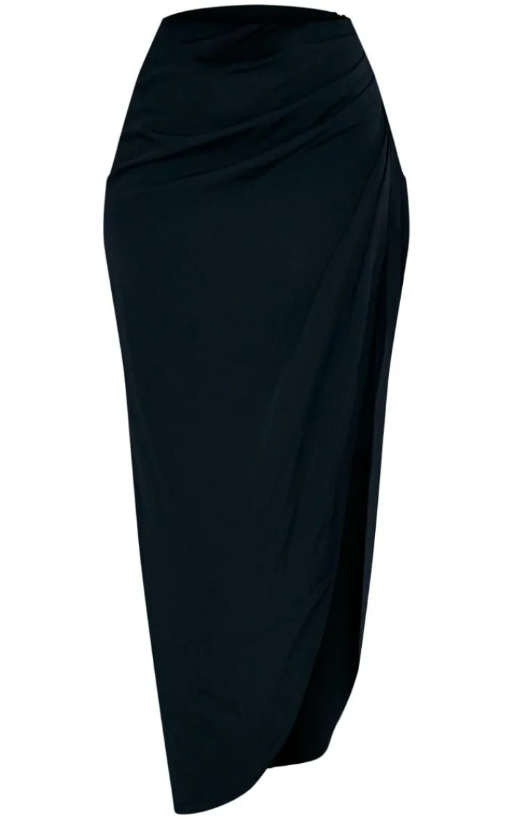 New PrettyLittleThing Woven Ruched Skirt Midaxi Skirt Black