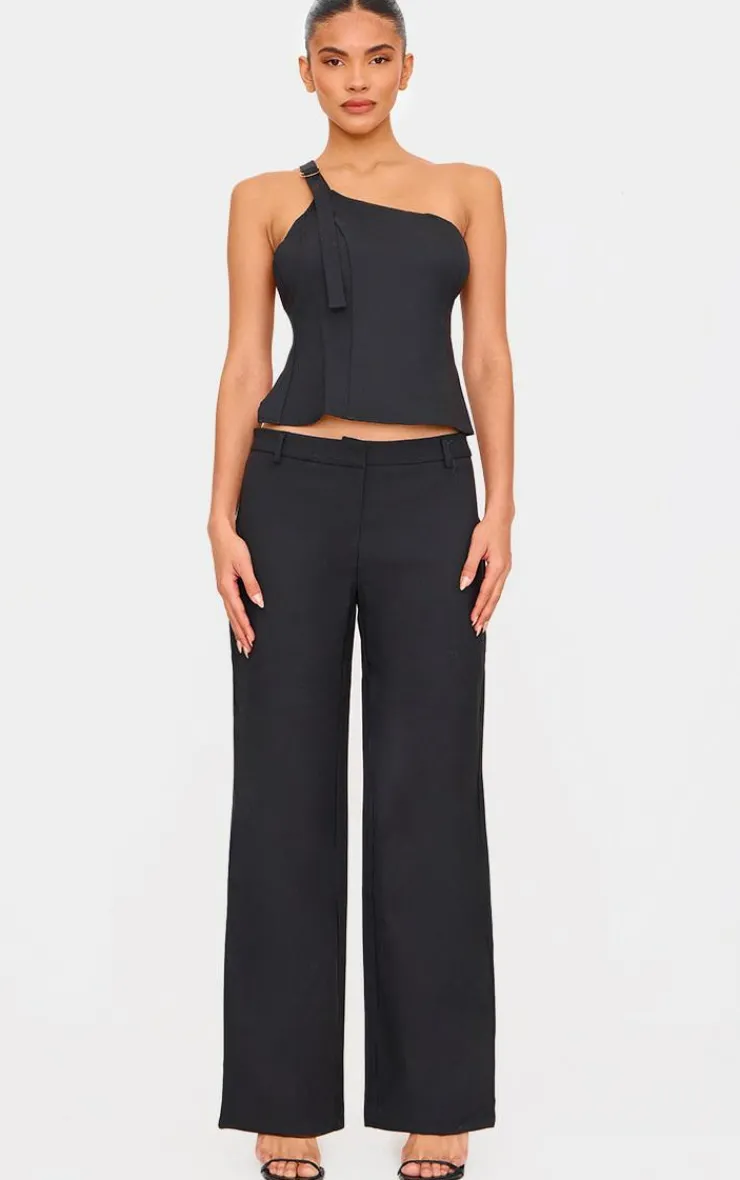 Online PrettyLittleThing Woven Tailored One Shoulder Long Top Black