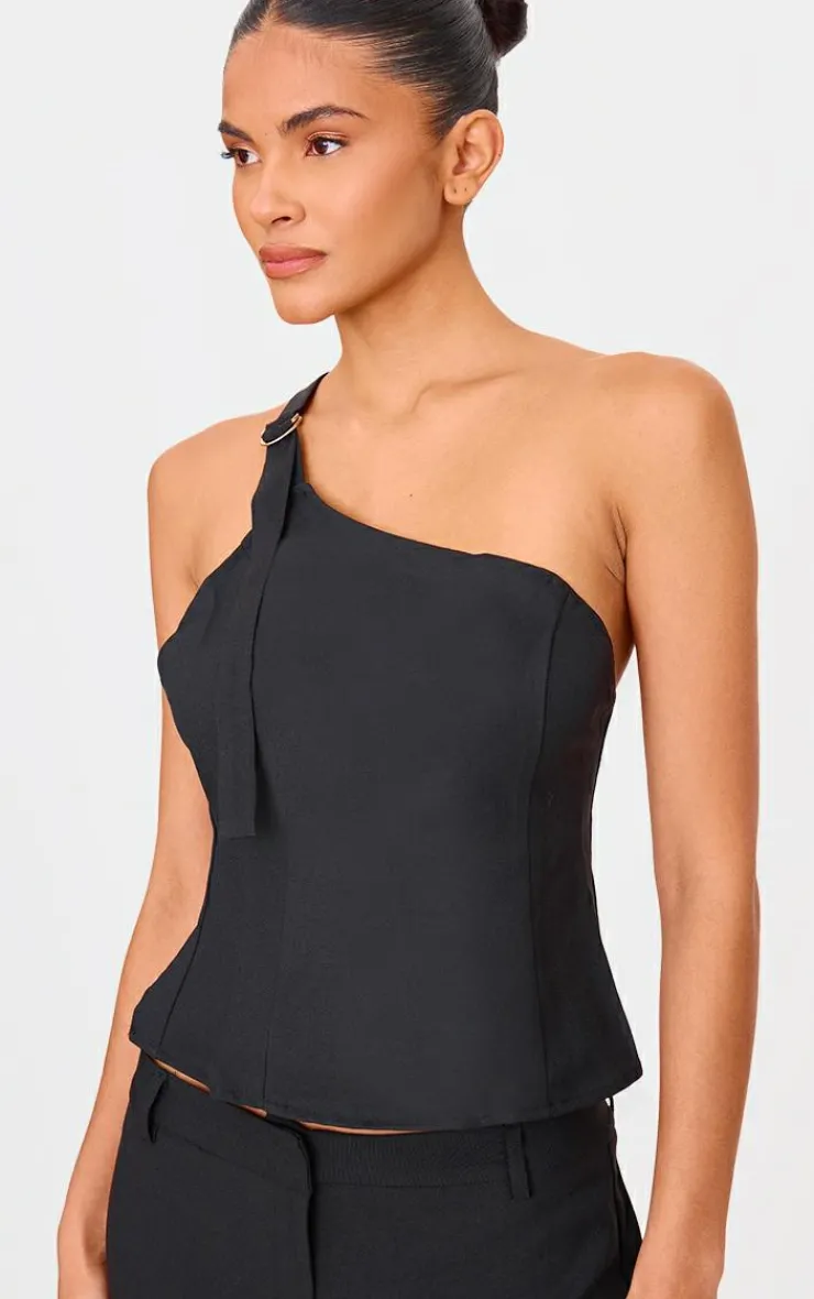 Online PrettyLittleThing Woven Tailored One Shoulder Long Top Black