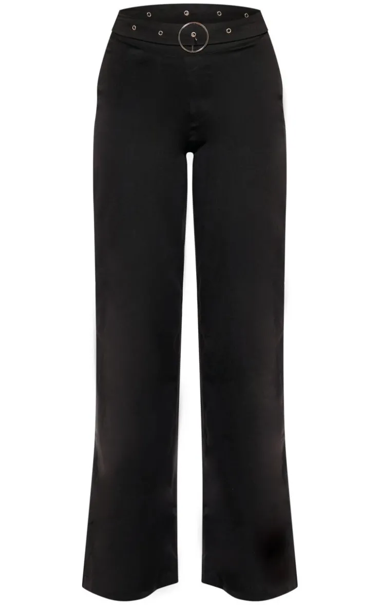 Clearance PrettyLittleThing Woven Tailored Ring Belt Detail Wide Leg Pants Black