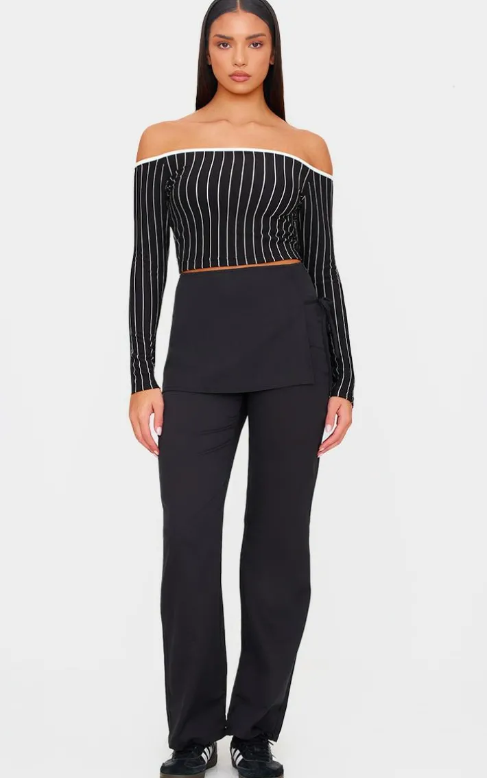 Black Woven Wrap Tie Skirt Straight Leg Pants