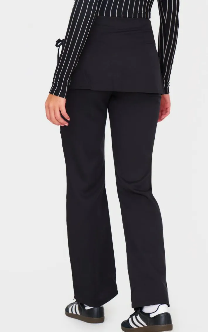 Black Woven Wrap Tie Skirt Straight Leg Pants