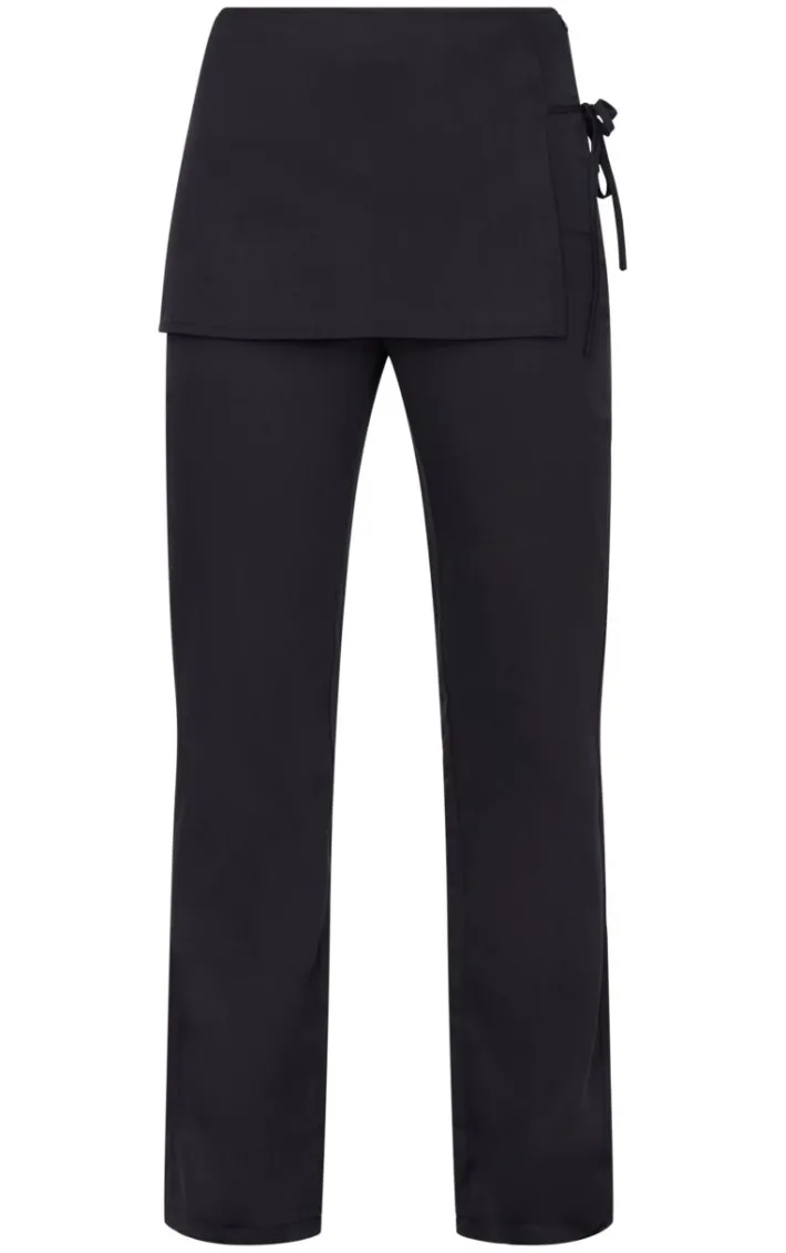 Black Woven Wrap Tie Skirt Straight Leg Pants