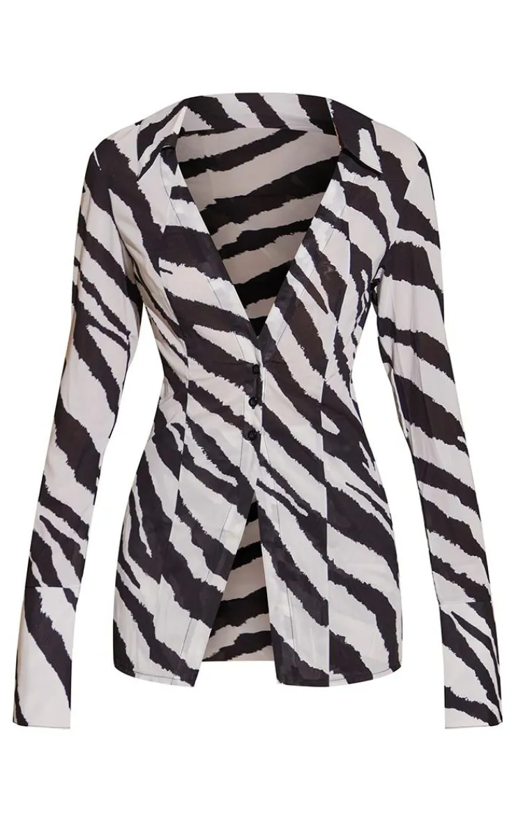 Hot PrettyLittleThing Zebra Print Chiffon Fitted Shirt Black