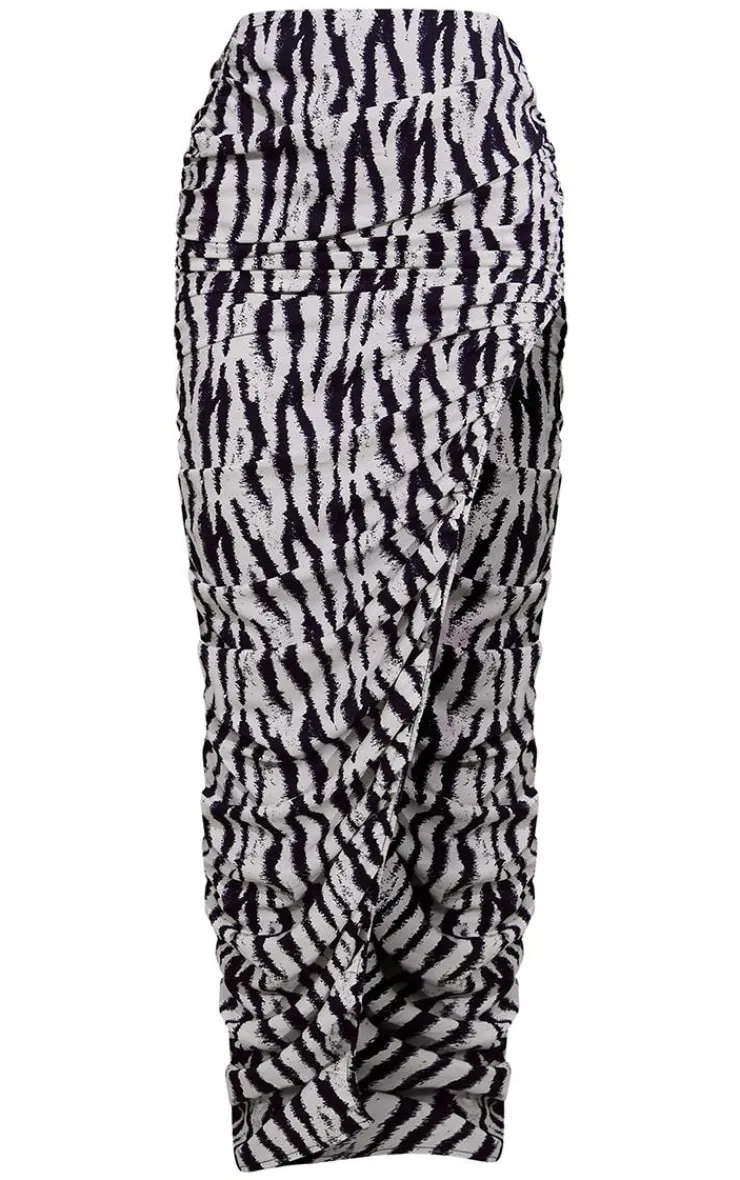 Discount PrettyLittleThing Zebra Print Woven Ruched Side Detail Split Leg Midaxi Skirt Black