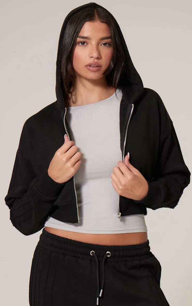 Discount PrettyLittleThing Zip Up Seam Detail Hoodie Black