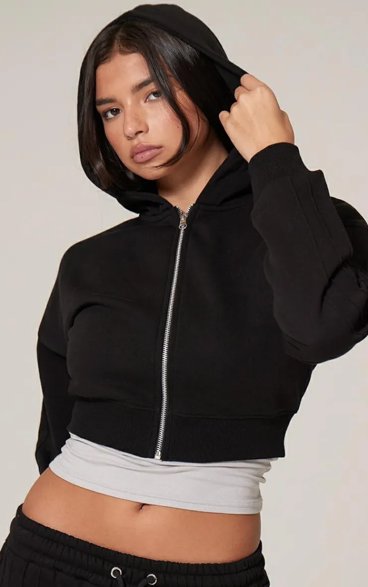 Discount PrettyLittleThing Zip Up Seam Detail Hoodie Black